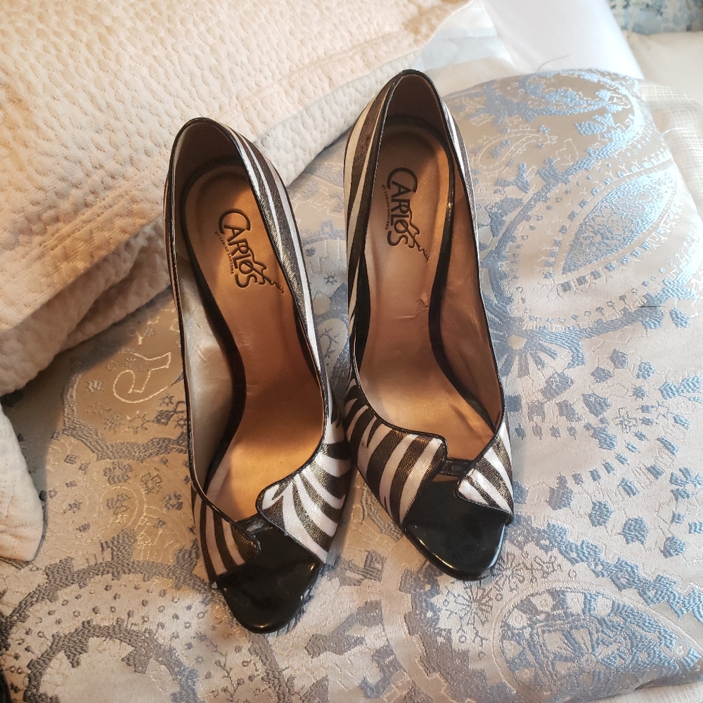 Carlos Santana Pounce White Black Metallic Zebra Heels